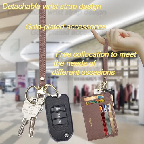 Vista 6 de Wikavanli Funda delgada para tarjetas de crédito con bloqueo Rfid para mujer, cartera con cremallera, cartera pequeña y compacta de cuero