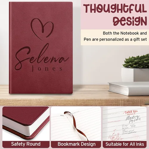Vista 3 de Cuaderno personalizado, diario de cuero personalizado con bolígrafo, cuaderno personalizado para mujeres y hombres, diarios personalizados