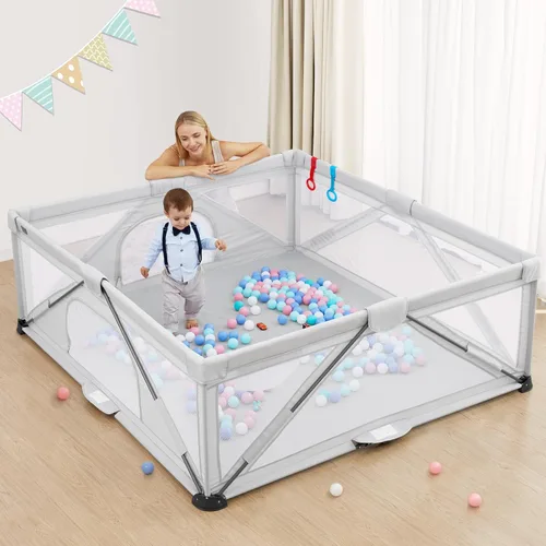 Vista 10 de Yobear - Corralito plegable para bebés y niños pequeños con 50 pelotas oceánicas y 2 asas, área de juego de seguridad para niños en interiores
