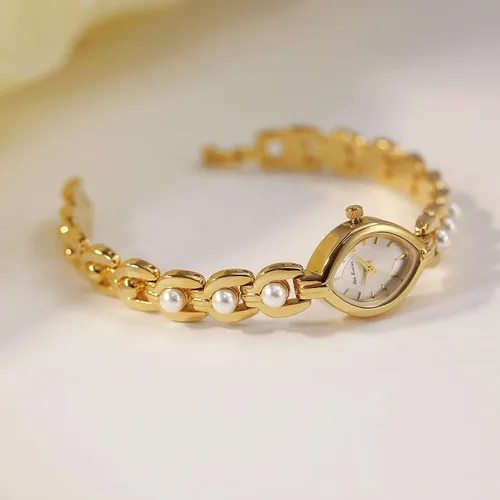 Vista 4 de ADSBIAOYE Elegante reloj de perlas para mujer, reloj de cuarzo analógico con esfera ovalada para mujer, pulsera de perlas