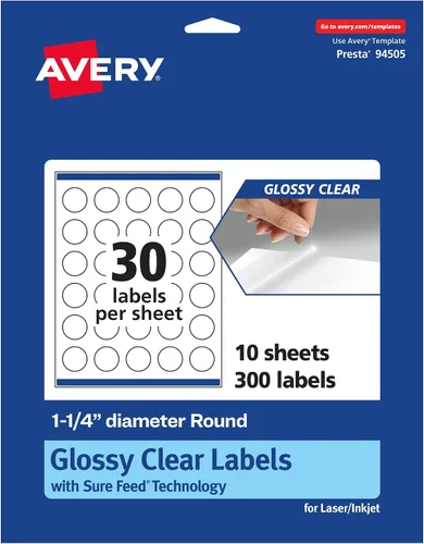 Vista 7 de Avery Etiquetas redondas transparentes brillantes, tecnología de alimentación segura, 1.25 pulgadas de diámetro, 1,500 etiquetas transparentes