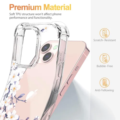 Vista 6 de Funda para iPhone 13 con protector de pantalla con patrón de flores, transparente, a prueba de golpes, funda protectora de poliuretano termoplástico
