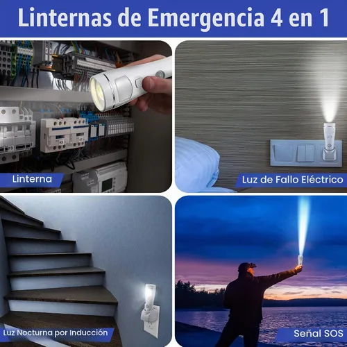 Vista 6 de Enhon - Paquete de 2 luces LED de emergencia 4 en 1 para fallos de energía en el hogar, color blanco Rechargeable plug-in flashlight, motion