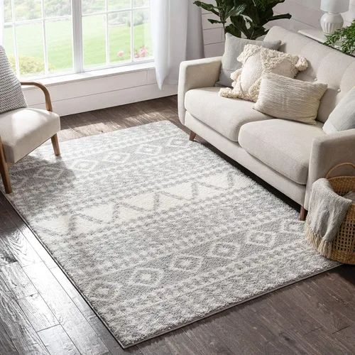 Vista 6 de Well Woven Madison Shag Cossima - Alfombra tribal marroquí gris de 5 pies 3 pulgadas x 7 pies 3 pulgadas, crema, 5 pies 3 pulgadas x 7 pies 3
