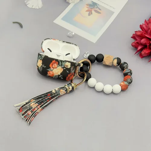 Vista 8 de Funda compatible con Airpods Pro de 2ª generación, funda protectora completa de silicona suave con llavero de pulsera, rosa vintage