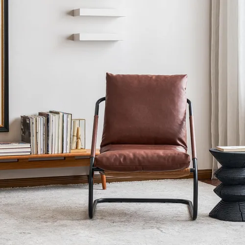 Vista 3 de Sillón cómodo para sala de estar de 27.56 pulgadas de ancho, sillón de estilo vintage, con cojín de cuero marrón profundo y marco de metal.