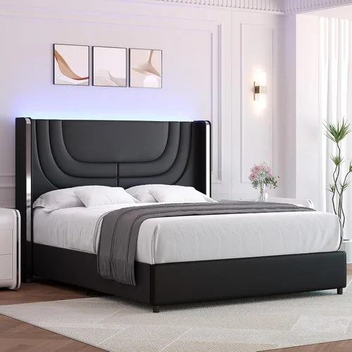 Vista 11 de REVOMINCA Base de cama individual con luces LED, plataforma tapizada de piel sintética con cabecera de ala plateada, estilo moderno, no necesita