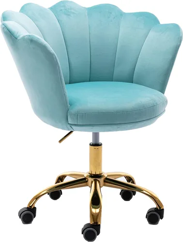 Vista 14 de Cómoda silla de trabajo para oficina en casa con ruedas, bonita y moderna tapizada de terciopelo con respaldo de concha, silla de escritorio Negro