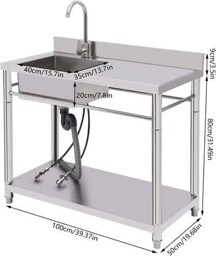 Vista 7 de Fregadero comercial de acero inoxidable, fregadero de cocina de un solo tazón con banco de trabajo y estantes de almacenamiento, fregadero