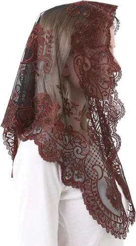 Vista 4 de Cabeza de encaje de mantilla triangular que cubre velos de iglesia católica de masa