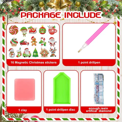 Vista 3 de Umigy 16 piezas de imanes de arte de diamante navideño para refrigerador, verde lima y rojo, imanes de pintura de diamantes de Navidad, hombre
