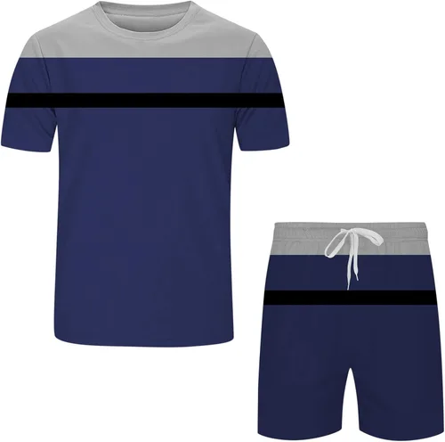 Vista 5 de Mens Two Piece Outfits Sets Lightweight Relaxed-Fit Graphic Short Sleeve Shirts Printed Shorts Breathable Tracksuit