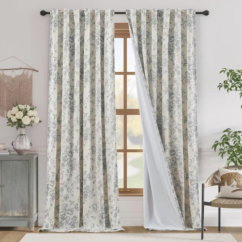 Vista 50 de Jinchan Cortinas de Mezcla de Lino con Estampado Floral para Sala de Estar, 84 Pulgadas de Largo, Cortinas con Bolsillo para Varilla y Tab Trasera