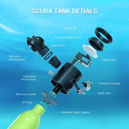 Vista 4 de SMACO Mini tanque de buceo de 0.5L - Tanque de buceo portátil con suministro de aire de hasta 10 minutos, cilindro compacto de buceo de 3000 PSI/200