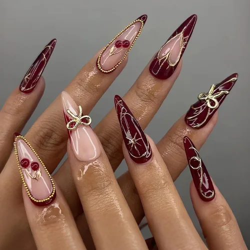 Vista 17 de MISUD Uñas a presión largas Stiletto con pegamento de plata cromada, diseño de cadena gótica Y2K acrílica 24 piezas