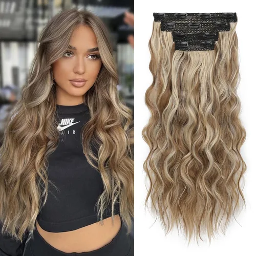 Vista 26 de REECHO Extensiones de cabello con pinza, 4 piezas de extensiones de cabello rubio de 24" de largo, ondas de playa gruesas, HE003, trama de encaje