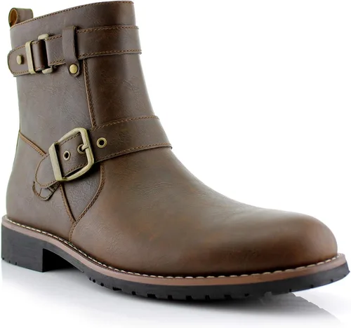 Vista 21 de Polar Fox Botas de ingeniero para hombre Botas de tobillo estilo motocicleta con correas de hebilla y cremallera lateral 1. Negro.