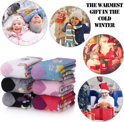 Vista 6 de MQELONG Calcetines de lana para niños y niñas, de invierno, de lana cálida, para senderismo, botas gruesas, calcetines acogedores, 6 pares