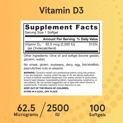 Vista 6 de Jarrow Formulas vitamina D3, 2500 IU, 100 cápsulas blandas, D2500, 1, 1