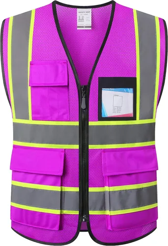 Vista 11 de Chaleco de seguridad para mujer, chaleco de alta visibilidad con 8 bolsillos y cremallera frontal, chaleco reflectante de malla que cumple