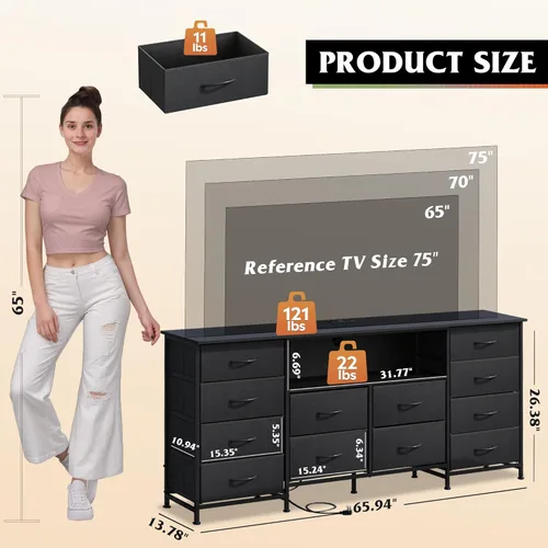 Vista 6 de WLIVE Cómoda de 12 cajones para dormitorio, cómoda negra para TV de 65, 70, 75 pulgadas con luz LED y estación de carga, cómoda ancha con estantes