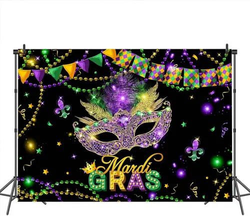 Vista 3 de Mocsicka Mardi Gras - Telón de fondo con purpurina dorada y verde púrpura, máscara de fiesta de máscaras, decoración de fiesta de carnaval, baile