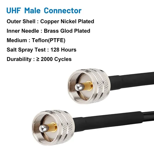 Vista 2 de MOOKEERF RG8x Cable de puente 1 pie, paquete de 2 PL259 Cable coaxial CB de puente 50 Ohm, extensión de antena CB de baja pérdida UHF PL259 macho a
