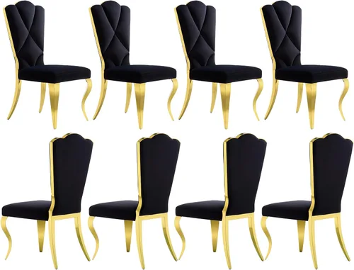 Vista 18 de Juego de 2 sillas de comedor de terciopelo negro y dorado, sillas de cocina tapizadas con respaldo alto con patas de acero inoxidable pulido, sillas