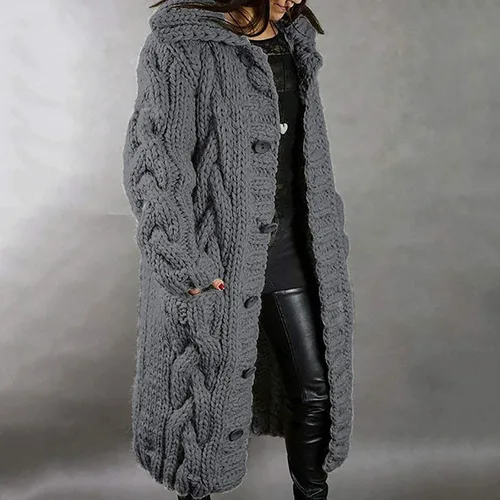 Vista 2 de Suéteres largos de talla grande para mujer, con botones, chaquetas de punto grueso, cárdigan de otoño e invierno, frente abierto para exteriores