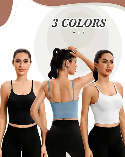 Vista 4 de 3 piezas de brasier deportivo de línea larga para mujer, con tirantes delgados, parte superior acolchada para yoga, entrenamiento, fitness, brasier
