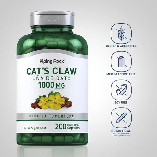 Vista 3 de Piping Rock Cápsulas de garra de gato de 1000 mg 200 unidades UNA De Gato Suplemento de hierbas Sin OMG, sin gluten
