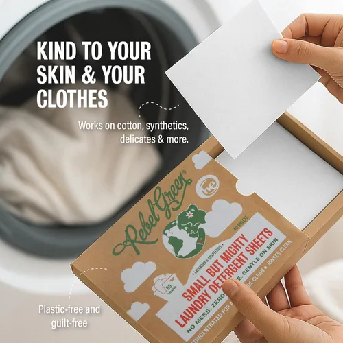 Vista 3 de Rebel Green Hojas de detergente para ropa pequeñas pero poderosas, solución de lavandería cero residuos, 32 hojas de lavadora premedidas para 64