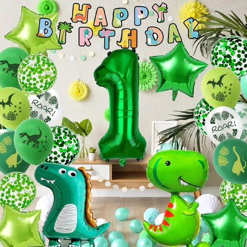 Vista 7 de VHUWE Decoración de dinosaurio para fiesta de primer cumpleaños, 38 Decoración de fiesta de primer dinosaurio