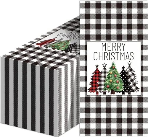 Vista 8 de Servilletas de Navidad de búfalo blanco y negro, servilletas de papel desechables para decoración de mesa de vacaciones (paquete de 50)
