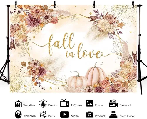 Vista 2 de MEHOFOND Telón de fondo de calabaza de 8 x 6 pies, diseño bohemio floral para parejas, fotografía de boda, fondo para mujer, despedida de soltera