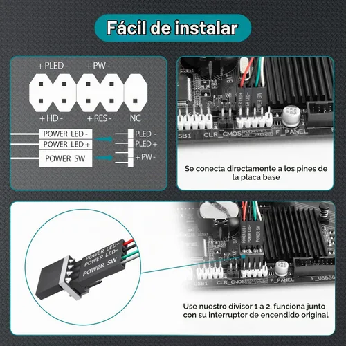Vista 3 de Interruptor de energía mecánico para computadora de escritorio PC: Extensión de botón de encendido/apagado LED para arranque de placa base
