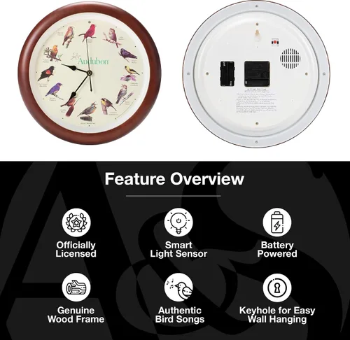 Vista 3 de Mark Feldstein, Audubon - Reloj de pared con diseño de pájaro cantante, 13 pulgadas, cereza prémium
