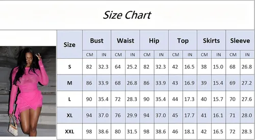 Vista 5 de Ophestin Conjunto sexy de 2 piezas con falda para mujer, malla transparente, manga larga, entallado, minivestidos con volantes, trajes de club Y2K