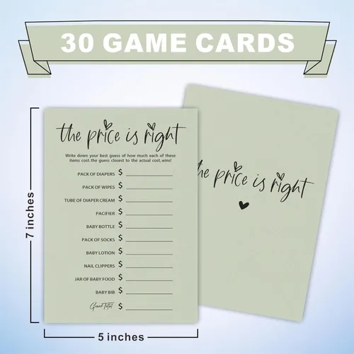 Vista 2 de Juego de Baby Shower "The Price Is Right" - Minimalismo Verde Musgo - 30 Tarjetas de Juego de Doble Cara Estilo Rellenar, Revelación de Género