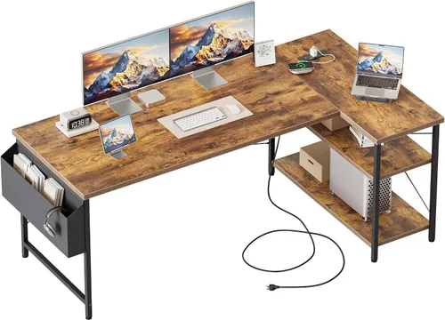 Vista 20 de Mericonia Escritorio pequeño en forma de L para computadora con tomas de corriente, escritorio de juegos para espacios pequeños, escritorio