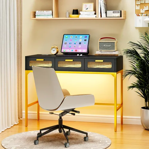 Vista 5 de Gurexl Escritorio LED de maquillaje con luces, juego de tocador con estación de carga, tocador LED con 3 cajones de almacenamiento para dormitorio
