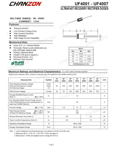 Vista 2 de Paquete de 100 piezas Chanzon UF4005 Diodo rectificador de recuperación ultra rápida 1A 600V 50-75ns DO-41 (DO-204AL) Axial 1 Amp 600 voltios Diodos