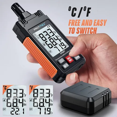 Vista 6 de Protmex HT607 Medidor de temperatura y humedad higrómetro digital de alta precisión con ambiente, humedad relativa, punto de rocío, termómetro