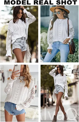 Vista 5 de AlvaQ - Suéter para mujer, de encaje de ganchillo, manga larga, cuello redondo, tejido de punto para invierno, sin botones