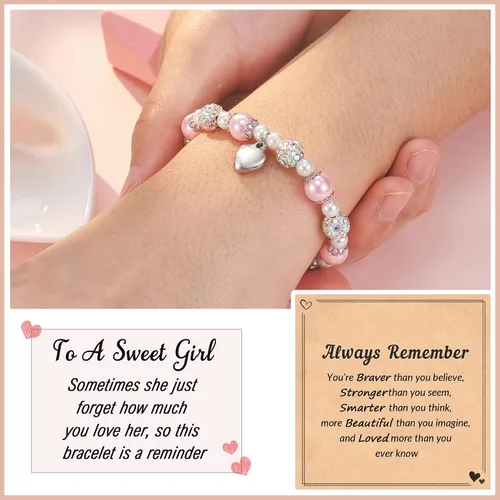Vista 2 de HGDEER 100% Natural Stone Adjustable Bracelets, Pink Zebra Jasper Heart Charm Jewelry, Trendy Birthday Teen Girl Gift Ideas with Quote Card & Gift