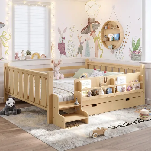 Vista 10 de Cama Montessori de tamaño matrimonial con estantería, cajones de Natural