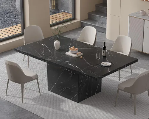 Vista 6 de HSH Mesa de comedor de mármol sintético negro, mesa de comedor moderna de 63 pulgadas para 6 personas, mesa de cocina rectangular de granja