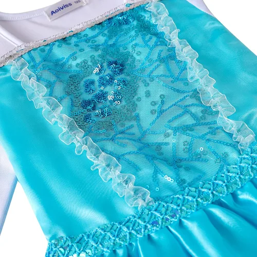 Vista 4 de Aoiviss Disfraz de princesa Elsa para niñas vestido de Frozen para Halloween cumpleaños cosplay