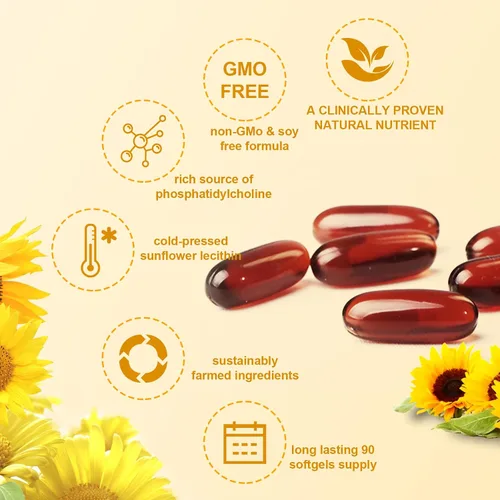 Vista 4 de JulyDeer Lecitina de girasol 2400 mg 90 cápsulas blandas ricas en fosfatidilcolina, sin OMG, sin soja, suplemento sin gluten, soporte del sistema