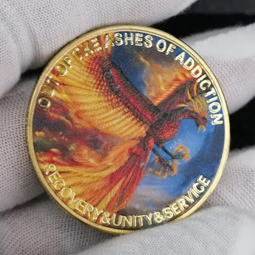 Vista 5 de Phoenix in Flames - Chip de sobriedad que se levanta de la adicción con fuerza AA Medallion Recovery Challenge Coin